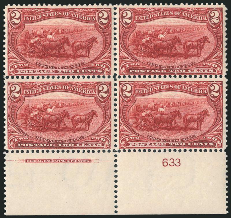 2c Trans-Mississippi (286).> Mint N.H. bottom imprint and plate no. 633 block of four, rich color on bright paper, fresh and Fine