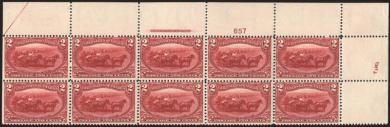 2c Trans-Mississippi (286).> Two items, Mint N.H. top right and bottom right imprint and plate no. 657 blocks of ten, natural s.e. at left with part arrow, deep rich color, proof-like impressions, Fine-Very
Fine, beautiful matched set
