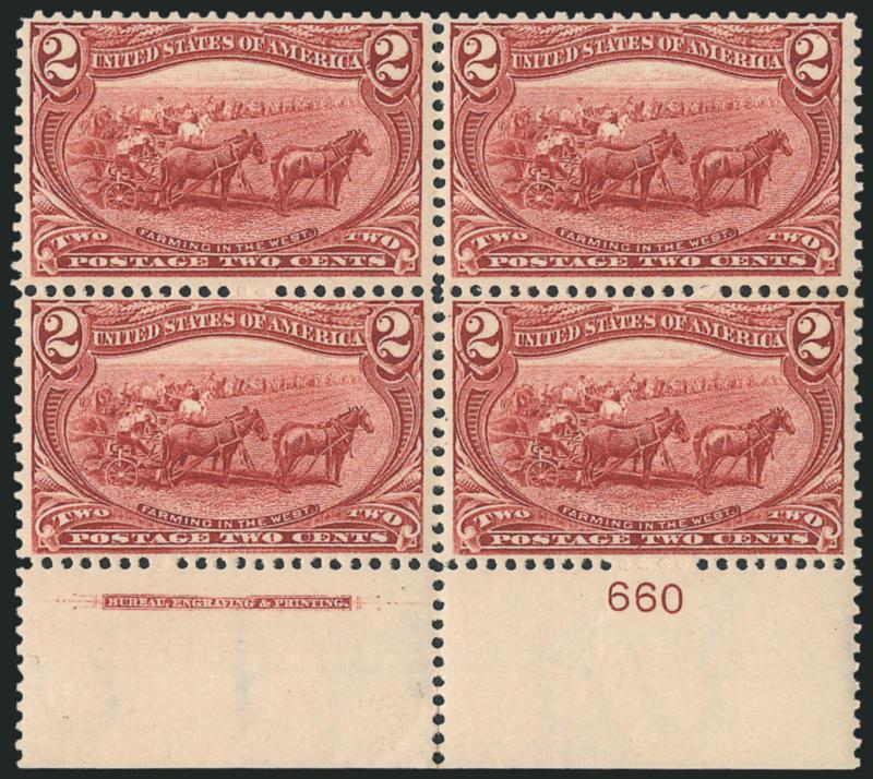 2c Trans-Mississippi (286).> Mint N.H. bottom imprint and plate no. 660 block of four, radiant color, few trivial perf separations in selvage at bottom, Very Fine