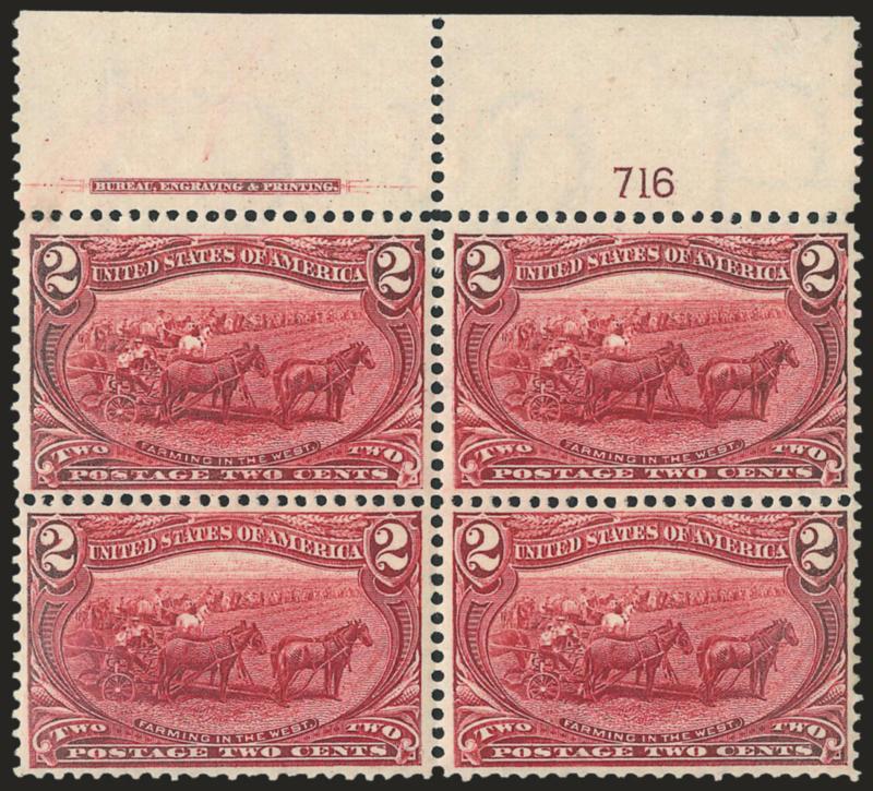 2c Trans-Mississippi (286).> Mint N.H. top imprint and plate no. 716 block of four, rich color on bright paper, trivial perf separations at top left, Very Fine-Extremely Fine