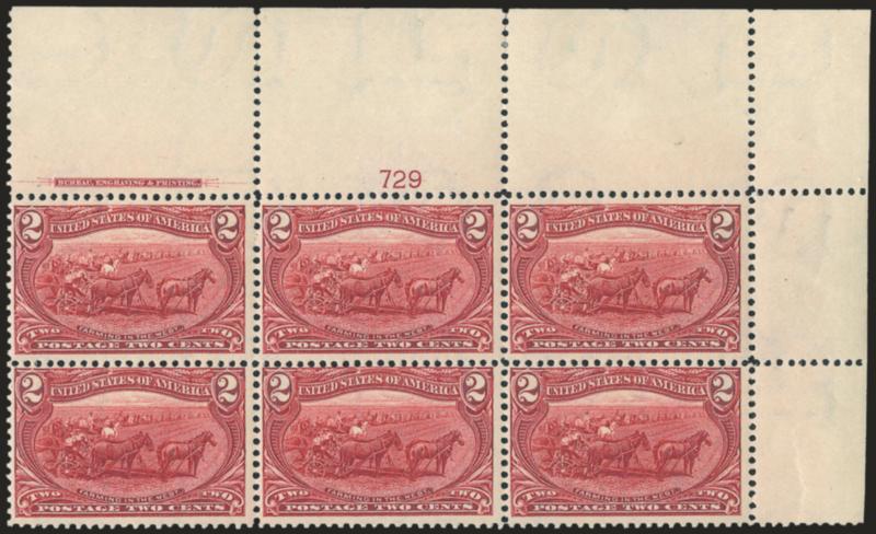 2c Trans-Mississippi (286).> Mint N.H. top right corner block of six with plate no. 729 and imprint with wide selvage, radiant color, fresh and Fine, attractive position multiple, with 2004 P.F. certificate,
Scott Retail as plate block of four and tw