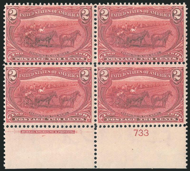 2c Trans-Mississippi (286).> Two items, top and bottom imprint and plate no. 733 blocks of four, original gum, h.r., pretty colors, Fine