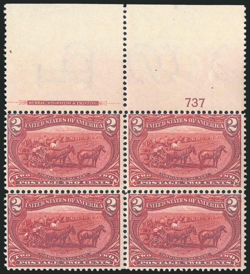 2c Trans-Mississippi (286).> Two items, top and bottom imprint and plate no. 737 blocks of four, top Mint N.H. and with unusually wide selvage, Fine
