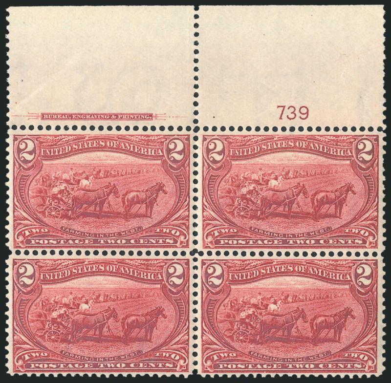 2c Trans-Mississippi (286).> Two items, top and bottom imprint and plate no. 739 blocks of four, bottom h.r. and Fine, the top is Mint N.H. with beautiful centering and Extremely Fine