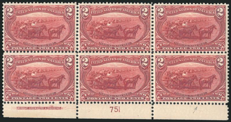 2c Trans-Mississippi (286).> Three multiples, incl. top imprint and plate no. 751 block of four, bottom block of four with imprint and plate no. 751, also top block of four with imprint and plate no. 749,
original gum, few h.r., some stamps Mint N.H.