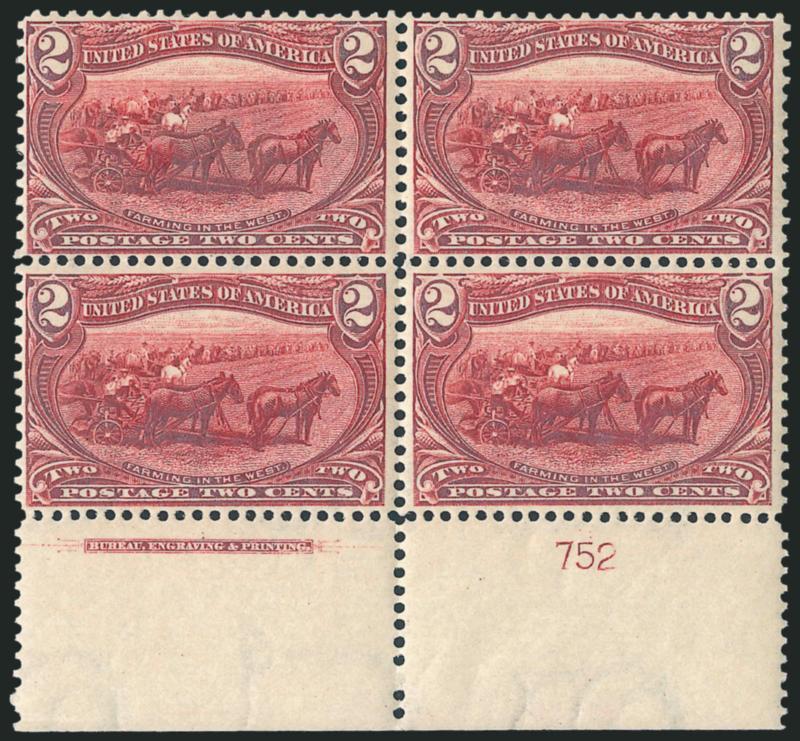 2c Trans-Mississippi (286).> Top and bottom imprint and plate no. 752 blocks of four, top Mint N.H., bottom with slight disturbances, fresh and Fine-Very Fine