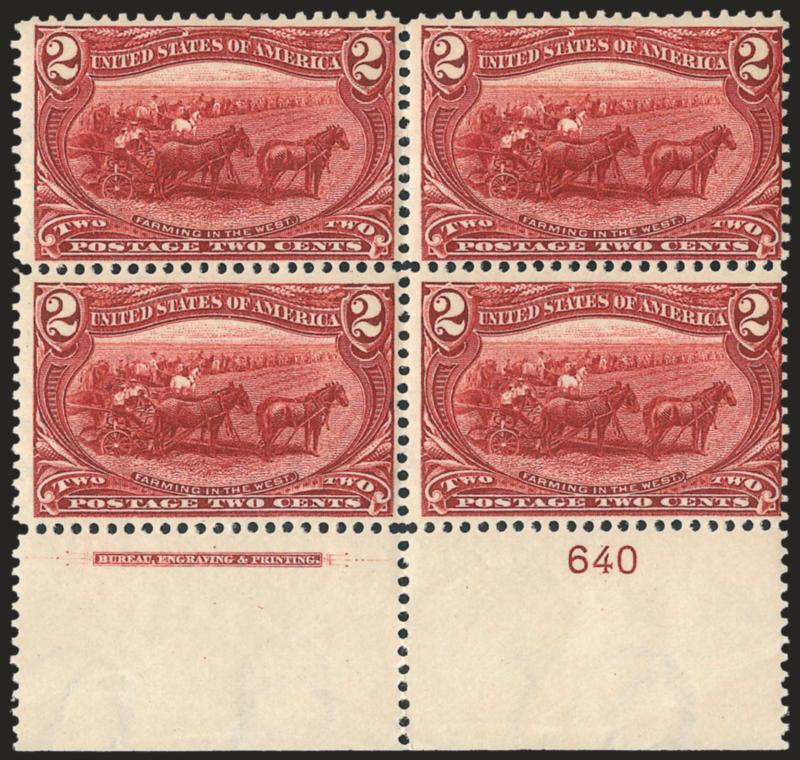 2c Trans-Mississippi (286).> Eight Mint N.H. bottom imprint and plate no. blocks of four, plate nos. 608, 638, 640, 663, 690, 719, 721 and 722, range of shades, Very Good-Fine