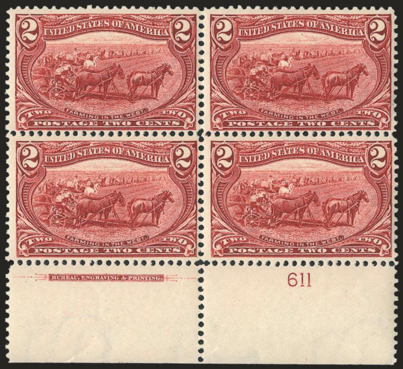 2c Trans-Mississippi (286).> Seven Mint N.H. bottom imprint and plate no. blocks of four, plate nos. 611, 621, 628, 639, 653, 679 and and 689, fresh colors, Fine-Very Fine, desirable group