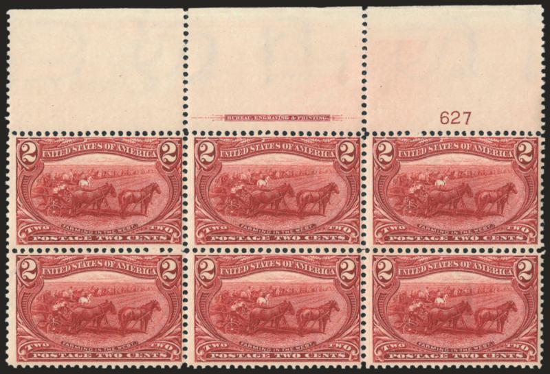 2c Trans-Mississippi (286).> Four Mint N.H. top or bottom imprint and plate no. blocks of six, wide top plate no. 627, bottom plate nos. 627, 720 and 729, rich colors, few light natural gum creases, otherwise
Fine-Very Fine