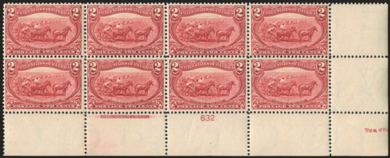2c Trans-Mississippi (286).> Two items, top and bottom imprint and plate no. corner margin blocks of eight, top plate no. 724, bottom plate no. 632, former Mint N.H., different shades, Fine-Very Fine, the
latter plate no. single is choice