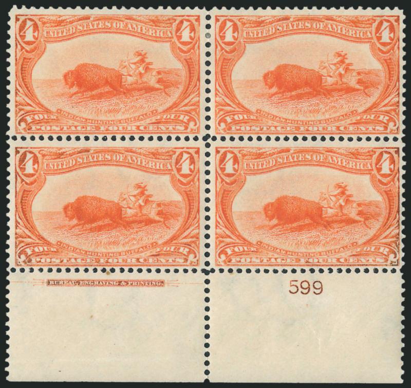 4c Trans-Mississippi (287).> Bottom imprint and plate no. 599 block of four, bottom stamps Mint N.H., top stamps h.r., some oxidation, otherwise Very Fine