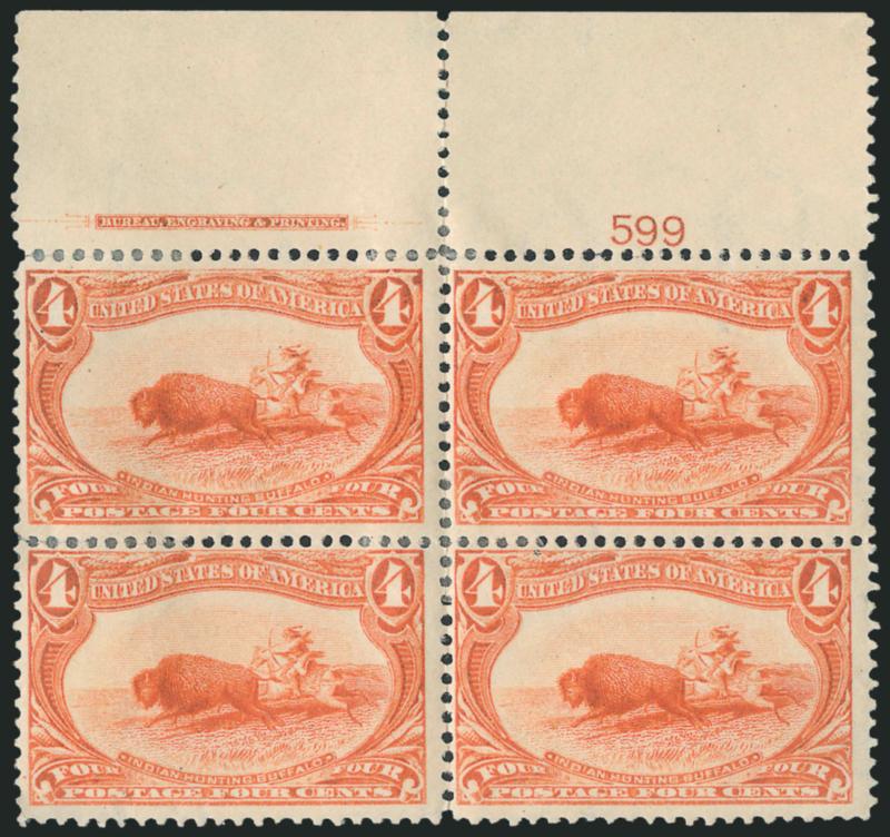 4c Trans-Mississippi (287).> Top imprint and plate no. 599 block of four, disturbed original gum, bit heavy h.r., few sensibly reinforced perf separations, otherwise Fine