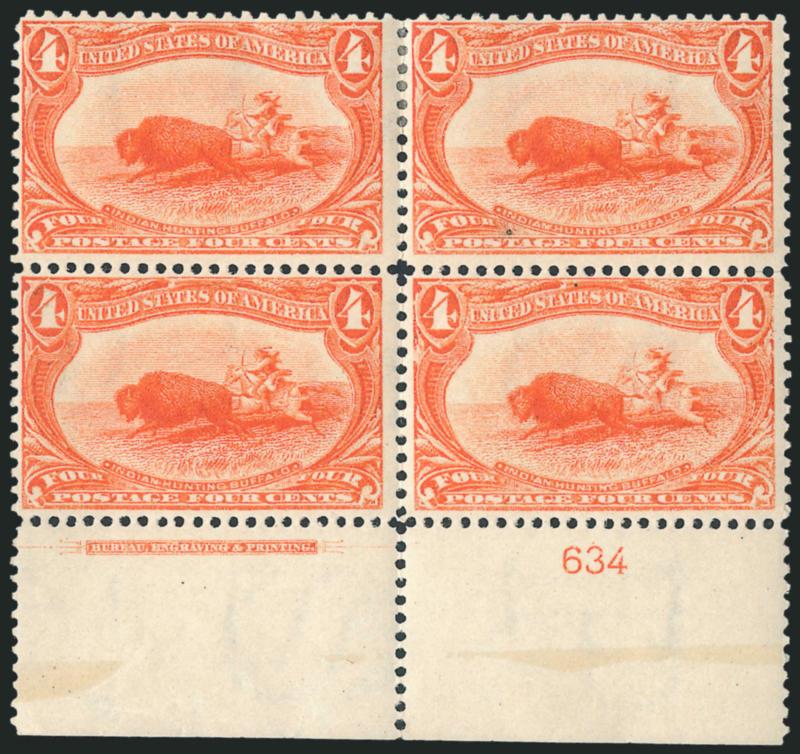 4c Trans-Mississippi (287).> Bottom imprint and plate no. 634 block of four, original gum, bottom stamps lightly hinged, top stamps h.r., radiant color, Fine-Very Fine