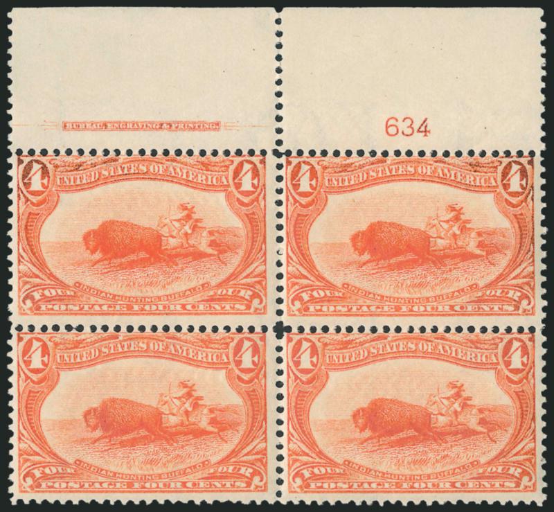 4c Trans-Mississippi (287).> Mint N.H. top imprint and plate no. 634 block of four, bright color with traces of oxidation around edges, small internal perf flaw at left, otherwise Fine