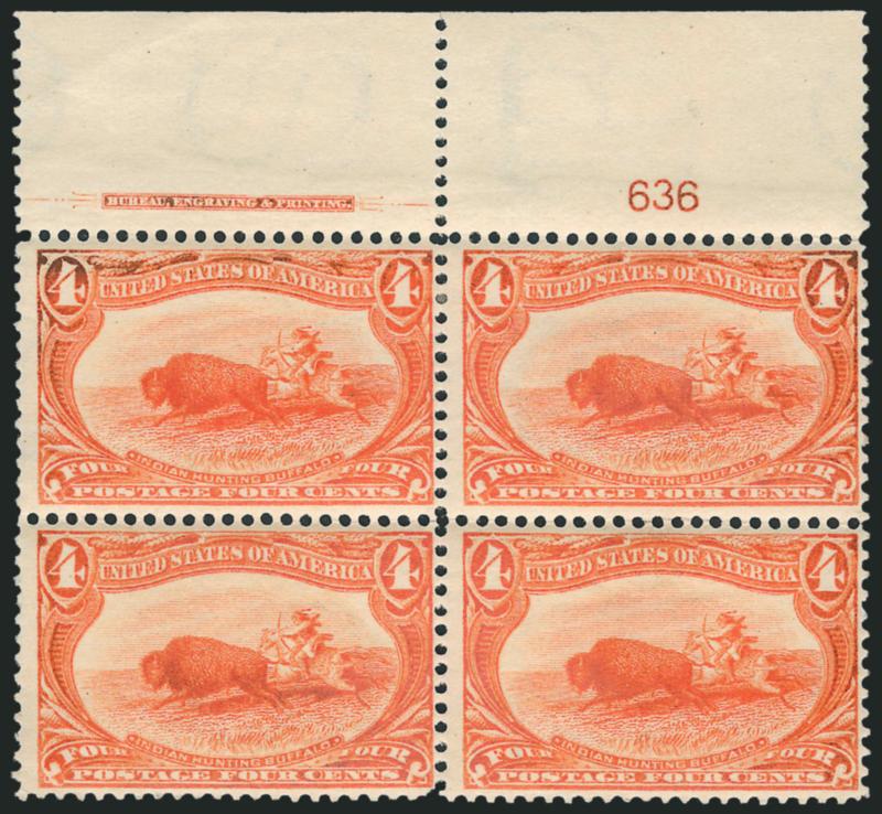 4c Trans-Mississippi (287).> Top imprint and plate no. 636 block of four, bottom stamps Mint N.H., some slight oxidation, small corner crease at bottom left, Fine appearance
