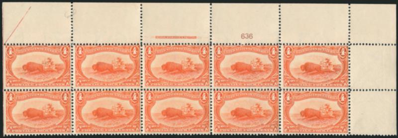 4c Trans-Mississippi (287).> Mint N.H. top right imprint and plate no. 636 block of ten, natural s.e. with part arrow at left, Pos. 1 tiny natural inclusion, Pos. 2 and 7 small natural paper wrinkle, some
oxidation, otherwise Fine