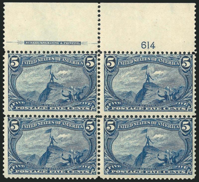 5c Trans-Mississippi (288).> Top imprint and plate no. 614 block of four, disturbed original gum from adherence of 8c pane (looks like offset of 8c on back of this 5c), top stamps natural paperfolds,
Fine