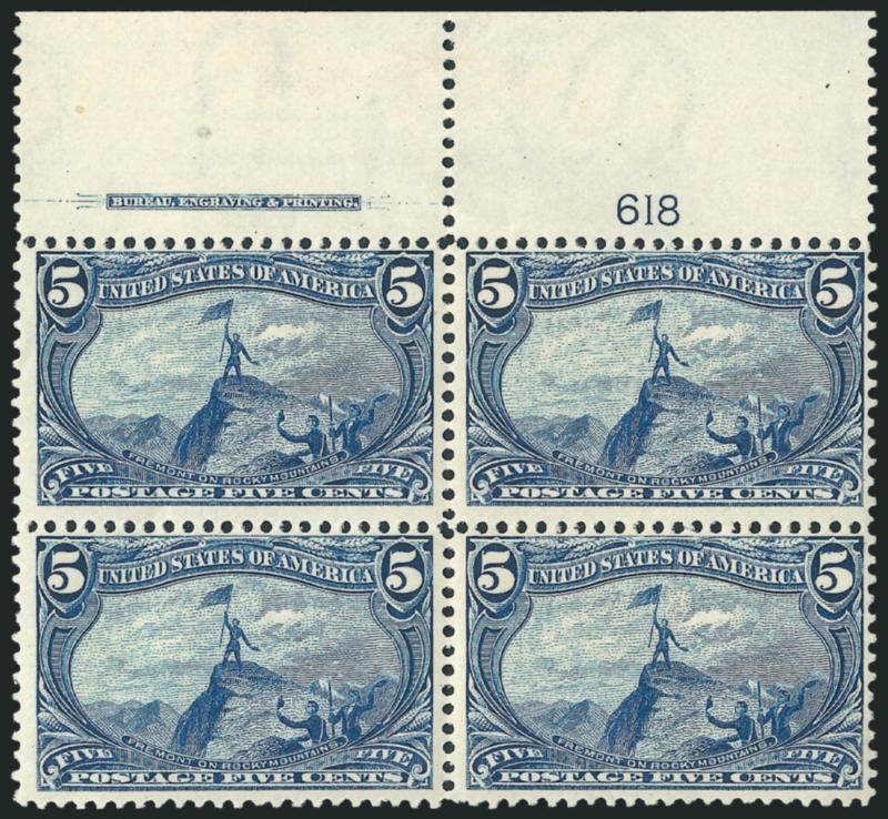 5c Trans-Mississippi (288).> Mint N.H. top imprint and plate no. 618 block of four, radiant color, crisp impression, small hinge mark in ungummed part of selvage (easily trimmed and so counted as Mint N.H.),
Fine