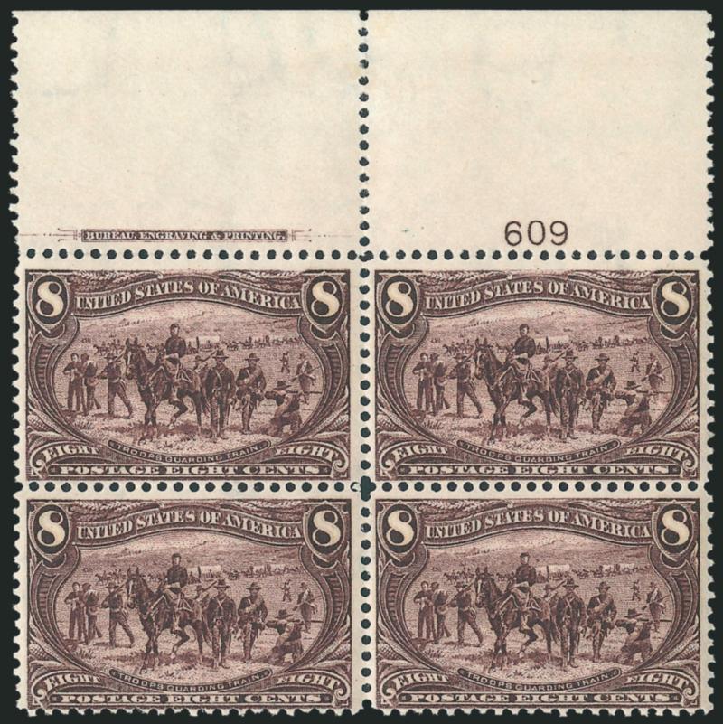 8c Trans-Mississippi (289).> Top imprint and plate no. 609 block of four with wide selvage, top stamps Mint N.H., deep rich color and detailed impression, fresh and Fine-Very Fine