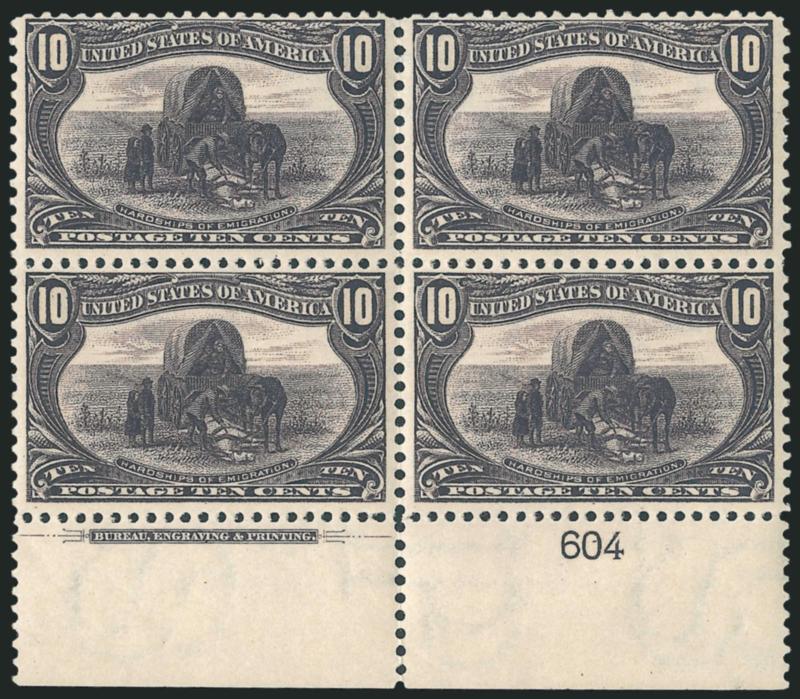 10c Trans-Mississippi (290).> Bottom imprint and plate no. 604 block of four, original gum, lightly hinged, detailed impression, few minor perf separations at top, Fine-Very Fine