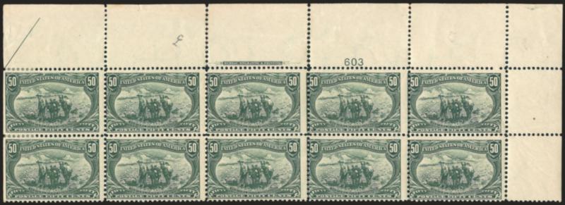 50c Trans-Mississippi (291).> Top right imprint and plate no. 603 block of ten with wide selvage, natural s.e. with part arrow at left, original gum, small h.r. at left, considerable perf separations
throughout, centered bit strongly to left<><>^A