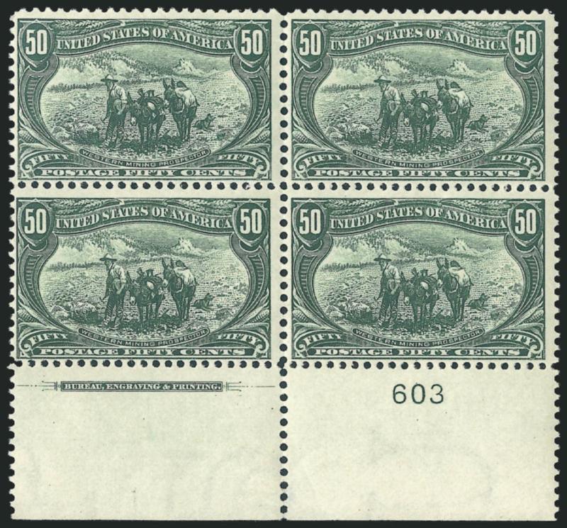 50c Trans-Mississippi (291).> Bottom imprint and plate no. 603 block of four with wide selvage, original gum, lightly hinged, radiant color, crisp impression, faint natural gum bends<><>^FRESH AND FINE. AN
ATTRACTIVE IMPRINT AND PLATE NUMBER BLOCK