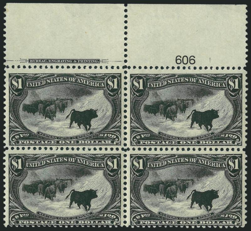 $1.00 Trans-Mississippi (292).> Top imprint and plate no. 606 block of four with wide selvage, <top stamps Mint N.H.,> sharp proof-like impression, bottom right stamp small thin spot at bottom
right<><>^FINE-VERY FINE APPEARANCE. AN ATTRACTIVE IMPR