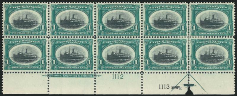 1c Pan-American (294).> Bottom imprint and double plate nos. 11121113 block of ten with arrow and markers, two stamps at center Mint N.H., minor h.r., rich colors, choice centering, Very Fine-Extremely
Fine