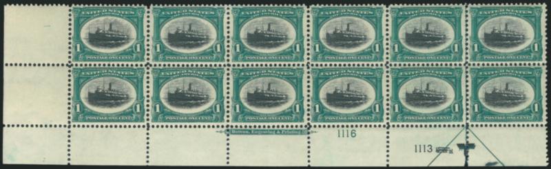 1c Pan-American (294).> Mint N.H. bottom left corner imprint and double plate nos. 11161113 block of twelve with arrow and markers, small selvage nick below arrow, Very Fine
