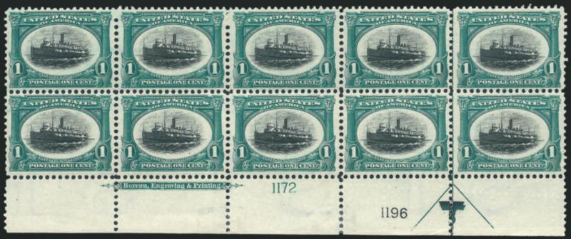 1c Pan-American (294).> Bottom imprint and double plate nos. 11721196 block of ten with arrow and markers, stamps Mint N.H., small pieces of scotch tape in selvage in two places, well-balanced margins, bright
colors, Very Fine