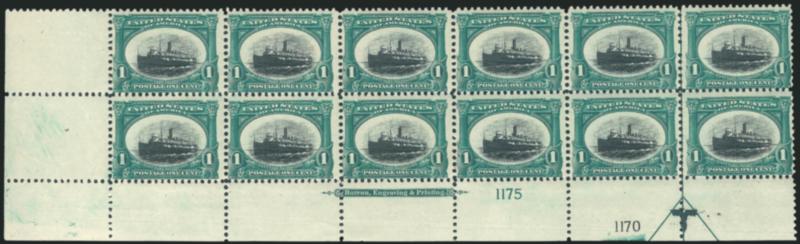1c Pan-American (294).> Bottom left corner imprint and double plate nos. 11751170 block of twelve with arrow and markers, two stamps h.r., Fine