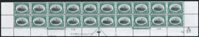 1c Pan-American (294).> Mint N.H. bottom double imprint and plate nos. 11161117 block of 20 with arrow and markers, full side selvage, natural short gum on one, minor selvage perf separations at center,
Fine-Very Fine