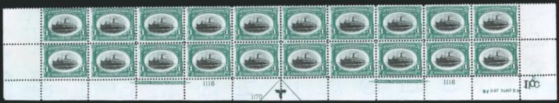 1c Pan-American (294).> Mint N.H. bottom double imprint and plate nos. 11161170 block of 20 with arrow and markers, full side selvage, natural short gum on one, Fine-Very Fine