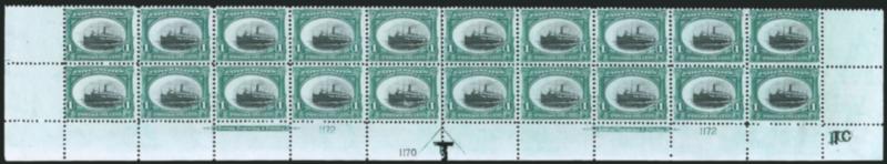 1c Pan-American (294).> Mint N.H. bottom double imprint and plate nos. 11721170 block of 20 with arrow and markers, full side selvage, natural short gum on two, Fine