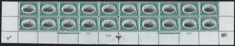 1c Pan-American (294).> Mint N.H. bottom double imprint and plate nos. 11721234 block of 20 with arrow and markers, full side selvage, Fine-Very Fine
