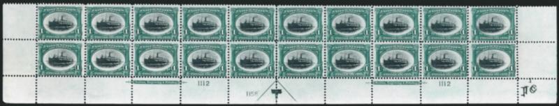 1c Pan-American (294)> Two bottom and one top double imprint and plate nos. blocks of 20 with arrows and markers, full side selvage, bottom plate nos. 11721226 and 11121156, top plate no. 1112, one bottom Mint
N.H., other bottom h.r. on one stamp o
