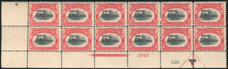 2c Pan-American (295).> Mint N.H. bottom left corner imprint and double plate nos. 10921135 block of twelve with arrow and markers, Fine