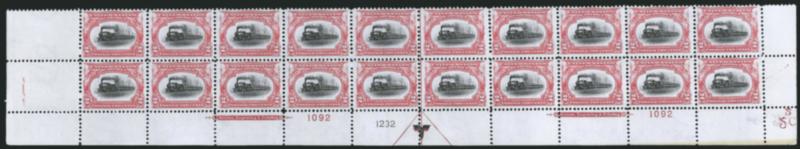 2c Pan-American (295).> Mint N.H. bottom double imprint and plate nos. 10921232 block of 20 with arrow and markers, full side selvage, natural short gum on two right stamps, Fine-Very Fine