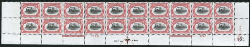 2c Pan-American (295).> Mint N.H. bottom double imprint and plate nos. 10981128 block of 20 with arrow and markers, full side selvage, Position 20 small thin (outside right plate block), block almost completely
separated between Pos. 6-7, 16-17, not