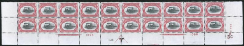 2c Pan-American (295).> Mint N.H. bottom double imprint and plate nos. 10981135 block of 20 with arrow and markers, full side selvage, Fine-Very Fine