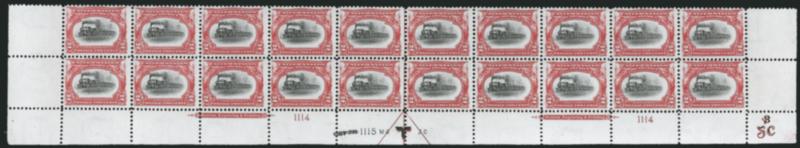 2c Pan-American (295).> Mint N.H. bottom double imprint and plate nos. 11141115 block of 20 with arrow and markers, full side selvage, natural short gum on one, Fine-Very Fine