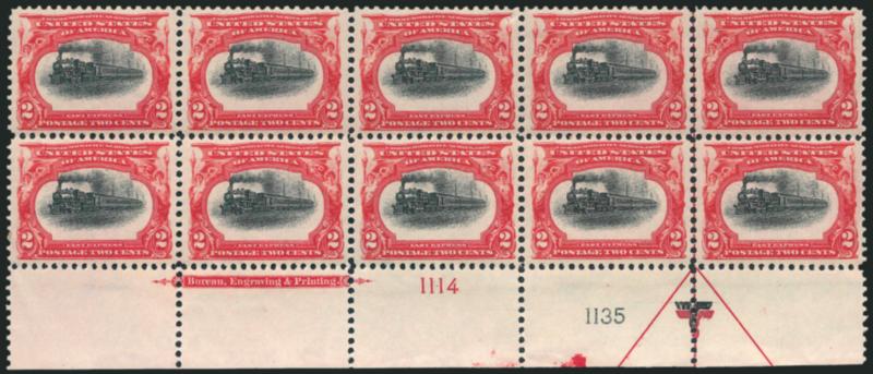 2c Pan-American (295).> Mint N.H. bottom imprint and double plate nos. 11141135 block of ten with arrow and markers, bright colors, well-balanced margins, top center stamp small indent and tear at top right
corner, otherwise Very Fine-Extremely Fine