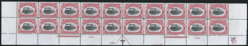 2c Pan-American (295).> Mint N.H. bottom double imprint and plate nos. 11141138 block of 20 with arrow and markers, full side selvage, natural short gum on three, Fine