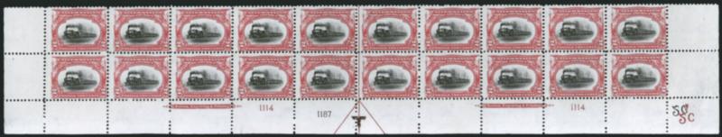 2c Pan-American (295).> Mint N.H. bottom double imprint and plate nos. 11141187 block of 20 with arrow and markers, full side selvage, Very Good-Fine