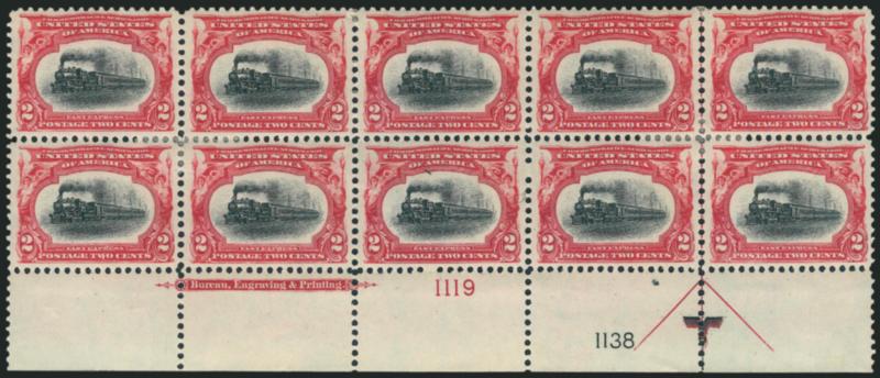 2c Pan-American (295).> Bottom imprint and double plate nos. 11191138 block of ten with arrow and markers, bottom center stamp Mint N.H., others h.r., bright colors, well-balanced margins, few trivial and
sensible hinge reinforcements, Extremely Fin