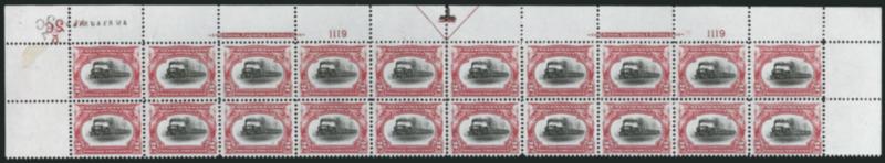 2c Pan-American (295).> Mint N.H. top double imprint and plate no. 1119 block of 20 with arrow and markers, full side selvage, naturally short gum and skips at top right, Very Fine-Extremely Fine