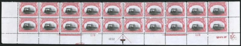 2c Pan-American (295).> Mint N.H. bottom double imprint and plate nos. 11191232 block of 20 with arrow and markers, full side selvage, <low train> variety with vignette shifted down significantly, Very
Good-Fine