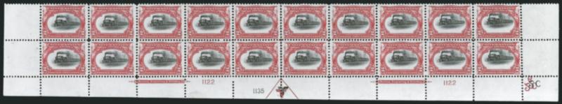 2c Pan-American (295).> Mint N.H. bottom double imprint and plate nos. 11221135 block of 20 with arrow and markers, full side selvage, Very Fine