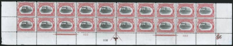 2c Pan-American (295).> Mint N.H. bottom double imprint and plate nos. 11221138 block of 20 with arrow and markers, full side selvage, light wrinkling in left corner selvage, Fine-Very Fine