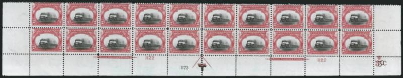 2c Pan-American (295).> Mint N.H. bottom double imprint and plate nos. 11221173 block of 20 with arrow and markers, full side selvage, <low train> variety with vignette shifted down significantly, Fine